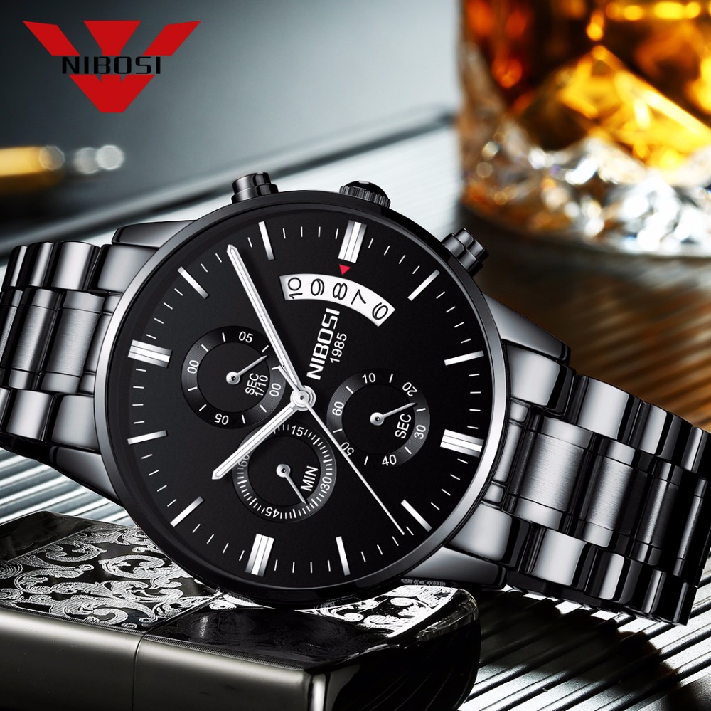 Nibosi aço inoxidável preto re - Luxury Watch Top 10 avaliação e preço